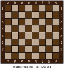 An empty chessboard with coordinate labels and rotated mirrored symbols, displayed flat from top to bottom with alternating light and dark brown squares and a black outline.