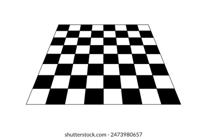 Empty chessboard plane angled in perspective. Tiled floor point of view. Sloped checkerboard texture. Inclined board with black and white checkered print. Vector graphic illustration.