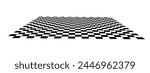 Empty chessboard plane in perspective. Tiled mosaic floor. Sloped checkerboard texture. Inclined board with black and white squares pattern isolated on white background. Vector flat illustration.