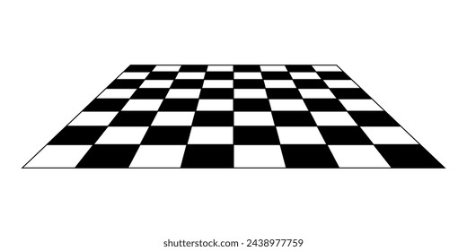 Empty chessboard plane in perspective. Tiled mosaic floor. Sloped checkerboard texture. Inclined board with black and white squares pattern isolated on white background. Vector flat illustration.