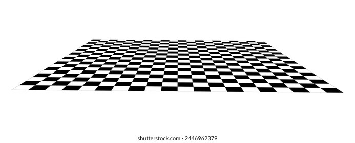 Empty chessboard plane in perspective. Tiled mosaic floor. Sloped checkerboard texture. Inclined board with black and white squares pattern isolated on white background. Vector flat illustration.