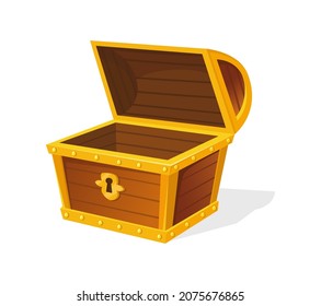 Empty chest for treasures. Box with gold frame for ui game, vector icon isolated on white background