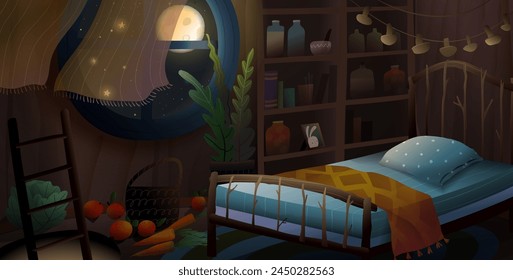 Empty children bedroom interior for kids fairy tale or bedtime story. Sleepy bedroom at night, bright full moon shining in window. Vector cartoon illustration for children story or fairytale book.