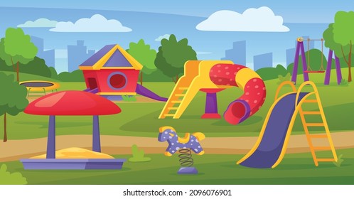 Empty children outdoor playground in city park or schoolyard. Cartoon kindergarten play area with slide, swing, sandbox vector illustration. Trampoline activity for playtime leisure