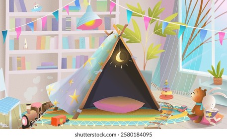 Empty children room interior background. Kids playroom with tent different toys and books. Cute and cozy children room design. Education and learning colorful children illustration. Vector cartoon.