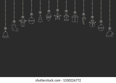 Empty Christmas background with beautiful hanging elements. Festive decoration. Vector