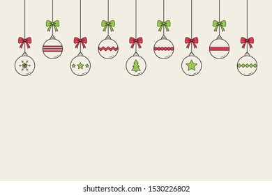 Empty Christmas background with beautiful hanging baubles. Festive decoration. Vector