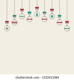 Empty Christmas background with beautiful hanging baubles. Festive decoration. Vector
