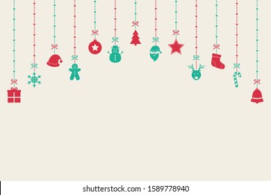 Empty Christmas background with beautiful hanging elements. Festive decoration. Vector