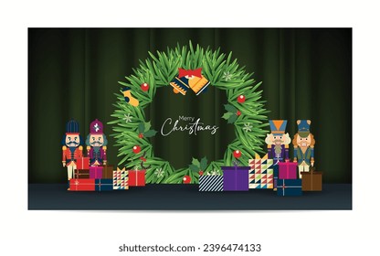 An empty Christmas background with festive wreath decorations