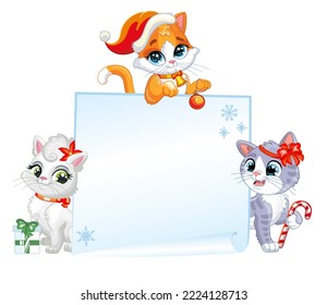 Empty christmas banner with cute kittens. Cartoon character. Vector isolated illustration. Children design. For print and design, posters, cards, stickers, decor, kids apparel and invitation