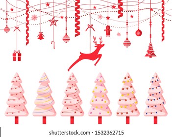 Empty Christmas banner, isolated pine trees and decorations for xmas holiday celebration. Spruce with garlands and reindeer. Balls and baubles with ornaments on threads. Present and stars vector