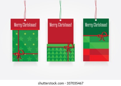 Empty Christmas gift tag labels set with Merry Christmas note. Green and red color combinations and design patterns