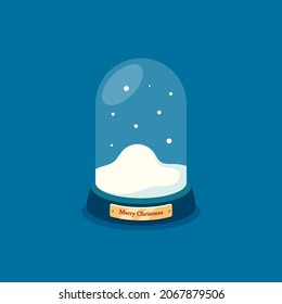 Empty Christmas Glass Dome with With Falling Snow, Xmas Gift or Souvenir Isolated on Blue Background. Container on Base with Golden Label. Festive Design Element, Toy. Cartoon Vector Illustration