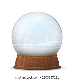 Empty christmas snow globe on wooden stand. Glass snow dome with falling snow inside