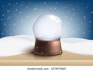 Empty Christmas snow globe standing on wooden table realistic style, vector illustration on winter background with snowfall. Template or mockup of blank glass sphere or crystal ball