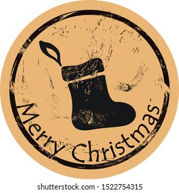 Empty Christmas sock for gifts, vector round shabby emblem design, old retro style. Christmas socks for fireplace stamp. Round seal imitation. Sock sign on craft paper background. Vintage grunge icon