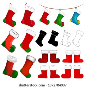 Empty christmas sock icon set. Cartoon stocking symbol collection. Winter holiday decoration. Vector illustration isolated on white background. 