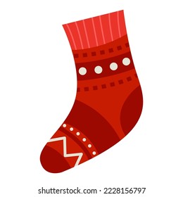 Empty christmas sock stocking isolated on white. Decorative red sock with white fur and patches. Vector illustration