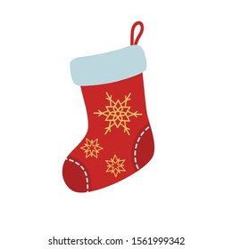 Empty Christmas sock with white fur, patches and golden snowflakes ornament. Flat style red sock icon isolated on white background. Christmas and New Year design element.