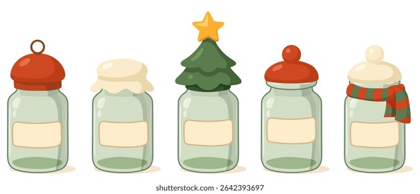 Empty Christmas spice jars with festive lids