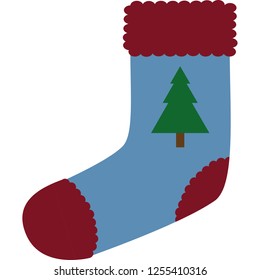 Empty christmas stocking.  Decorative blue sock with white fur and patches. Vector illustration for christmas, new year