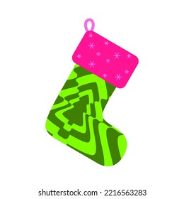Empty christmas stocking isolated on white background. Decorative bright sock with groovy fur. Concept Christmas and New Year. Trendy y2k retro hippie hypnotic print. Colorful vector illustration