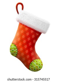 Empty christmas stocking isolated on white. Decorative red sock with white fur and patches. Vector illustration