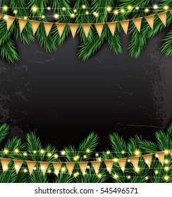 Empty Christmas Template with Fir Branches, Neon Garlands and Flags. Vector Illustration. Card with Copy Space.