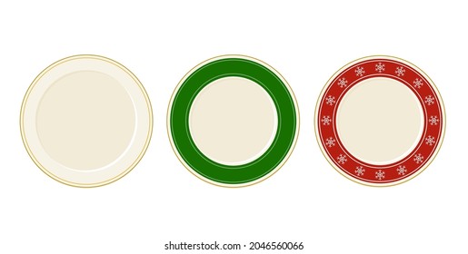 Empty Christmas vector plates set in cartoon style top view with snowflakes. Tableware design elements