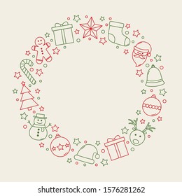 Empty Christmas wreath made of holiday elements. Xmas decoration. Vector