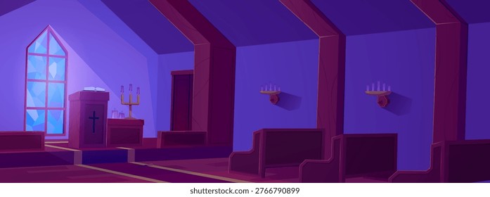 An empty church interior at night, with an altar, vintage window, candles, and rows of wooden pews. The theme is religion, spirituality, and faith. Vector flat illustration. Cartoon style.