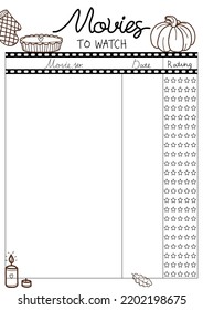 Empty Cine-film With Space For To Fill Plan Watch Movies And Series. A4 Print Ready  Watching Planner Blank With Empty Space. Template Bullet Journal Page, Daily Planner Template, Blank For Notebook.