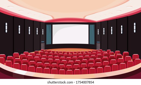 Empty cinema hall. Movie theatre with white screen.