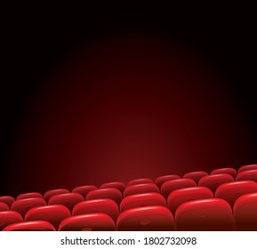 Empty cinema with red seats on a dark background. Movie theater auditorium vector illustration. Interior classical auditorium in hall theater and cinema