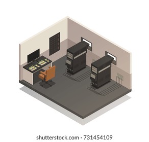 Empty cinema room for projectionist isometric composition with sound control panel and projectors 3d vector illustration 