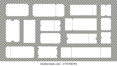 Empty cinema or theater ticket set. Empty lottery cardboard or paper coupons. Ribbed vintage templates vector isolated on transparent background mockups collection