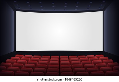 Empty cinema theatre. Film presentation scene with red chairs and white empty screen. Movie theatre empty scene vector illustration. Row with seats for watching movie, hall for spectators or audience