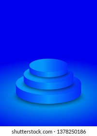 Empty circle blue podium, pedestal with steps in studio, showroom. Vector realistic 3d illustration