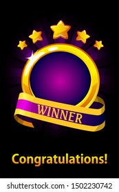 Empty circle frame with ribbon and stars. Vector awards for UI game resources