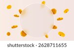 Empty circle glass frame with flying golden coins. Vector illustration