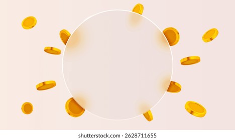 Empty circle glass frame with flying golden coins. Vector illustration