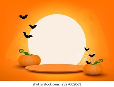 Empty circle orange for your graphic decorated with Pumpkin, Bats, and spider webs on Moon and ghost scene background. Halloween background. Vector illustration.