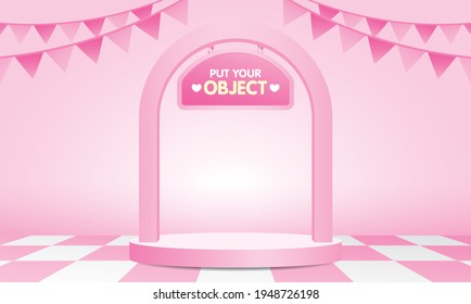 Empty circle product podium with arch and cute signage 3d illustration vector on pink checkered pattern floor and pastel pink backdrop for putting your object.