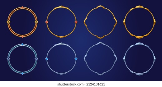 Empty circle silver and gold frames in medieval style for game ui design. Vector cartoon set of user interface elements with metal border with gems isolated on background