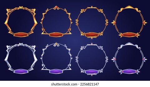 Empty circle silver and gold rank frames in medieval style for game ui design. Vector cartoon set of user interface elements, metal border with gems and red, purple buttons isolated on background