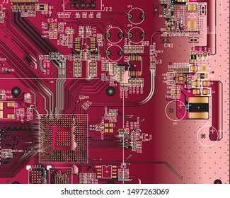 Empty circuit board with red colour, pcb printed computer technology, background microchip.microchip.