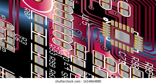 Empty circuit board with red colour, pcb printed computer technology, background microchip.microchip.