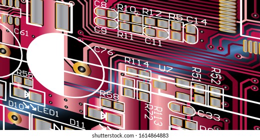 Empty circuit board with red colour, pcb printed computer technology, background microchip.microchip.