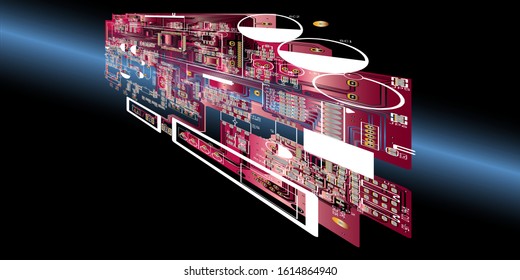 Empty circuit board with red colour, pcb printed computer technology, background microchip.microchip.